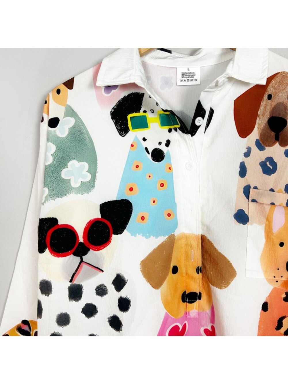 Unbranded Women’s Collared Shirt Colorful Dog Print Tunic Top Size Large - Picture 2 of 6